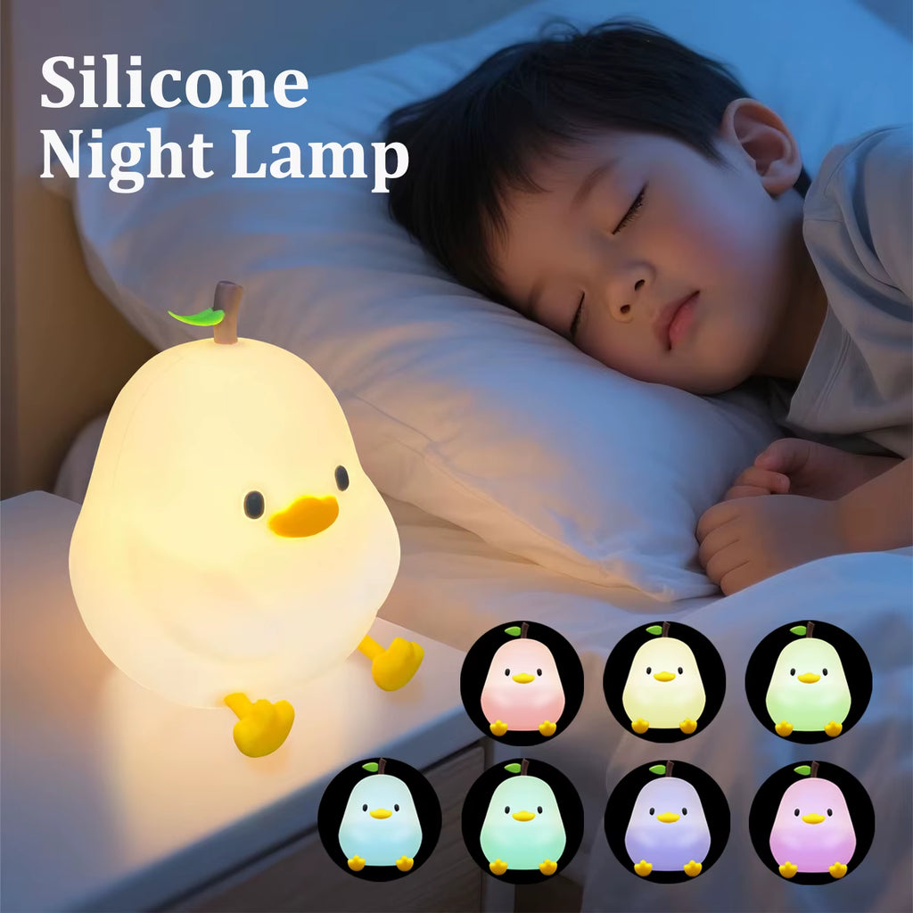 Cute Pear Night Light 7-Color Dimmable Touch-Controlled Night Light Silicone Stress Reducing Pat Duck Lamp USB Rechargeable
